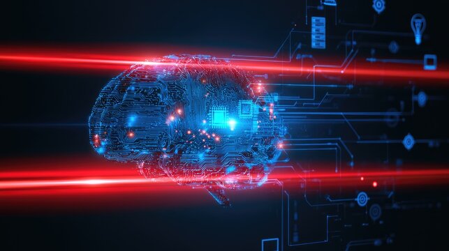 Futuristic digital brain with red light beams and circuit patterns