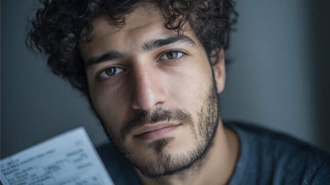 A large portrait of a man with a serious look, holding documents, a possible topic of financial or legal issues, debts or administrative problems.