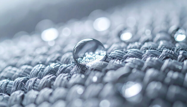 Water drop resting on a textured gray fabric surface macro photography with soft focus bokeh lights in the background