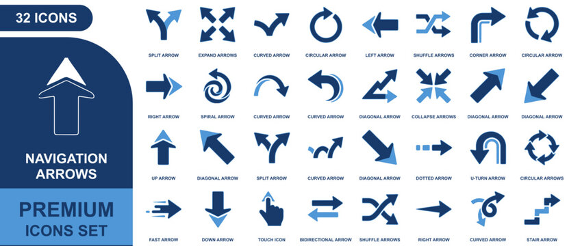 Navigation arrows icon sheet featuring 32 blue directional symbols including split, curved, circular, and diagonal arrow