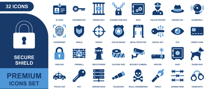Secure shield sheet icon set featuring 32 blue symbols for security, law enforcement, and crime prevention
