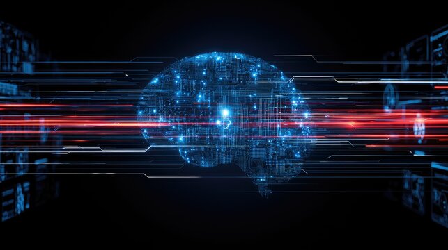 Futuristic blue brain, illuminated with glowing nodes, pulsates with data