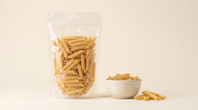 Pasta penne in clear packaging with bowl