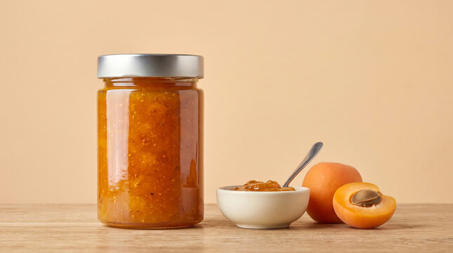 Apricot jam jar displayed on wooden table with fresh fruit