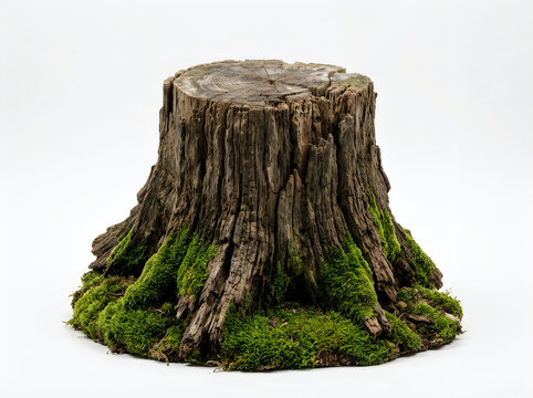 Old weathered tree stump with vibrant green moss growing at the base, isolated on white background