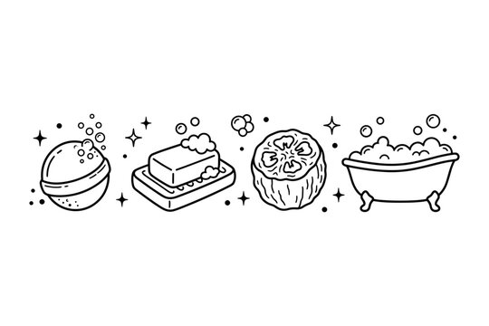 Spa and bathing icons set with fizzy bath bomb bar soap dish loofah sponge and bubble bathtub outline