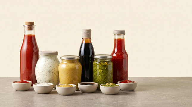 Various sauces arranged on a countertop