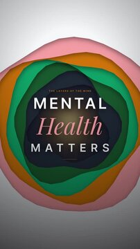 Animated Text of Mental Health Matters Concept with Colorful Layered Papercut Shapes (Vertical Video)