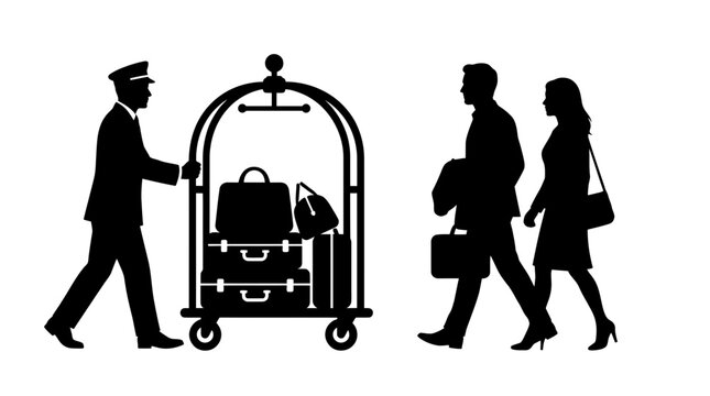 Bellhop silhouette pushing a luggage cart with hotel guests walking nearby in this clean black and white vector graphic design