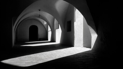 Fototapeta premium Minimalist photo of narrow arches in an old courtyard featuring layered lines of light and shadow, highlighting architectural details and textures in monochrome