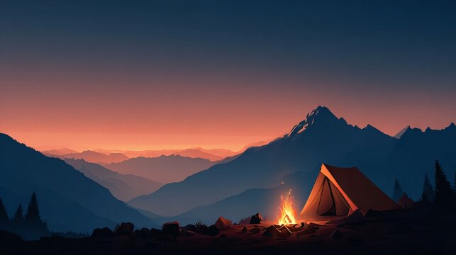 Glowing orange campfire illuminating small camping tent nestled beneath massive jagged mountain silhouettes during beautiful peaceful sunset in wilderness landscape