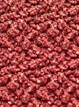 Detailed raw ground beef displays a dense organic texture and consistent pattern in a vertical potrait view for butcher shop advertisements, meat industry marketing, and culinary design projects.