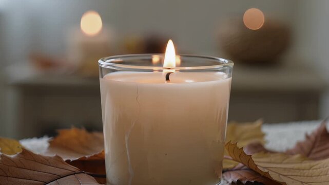 A single burning candle inside a glass jar sits gracefully surrounded by autumn leaves to create a warm and cozy atmosphere for the fall season