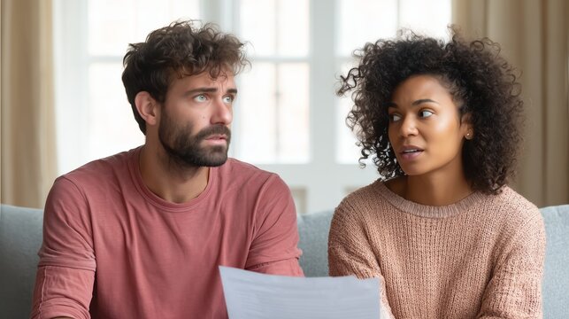 A man and a woman are sitting on the couch with papers in their hands. They look off-screen with a worried expression on their faces.  The concept of a financial or legal problem.