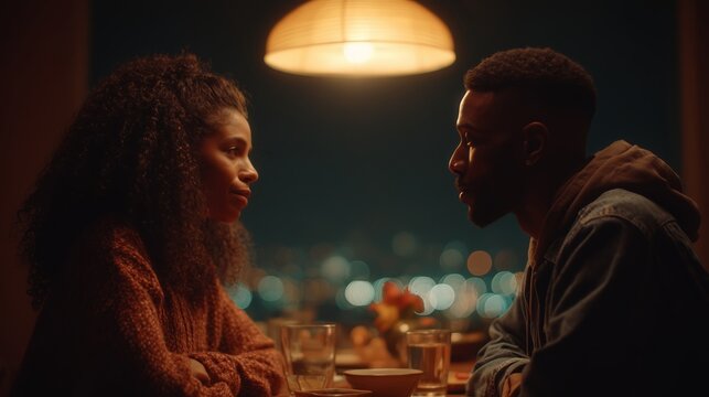 Black couple sits at restaurant table at night. Warm lamp light. City bokeh in background. Romantic dinner concept.