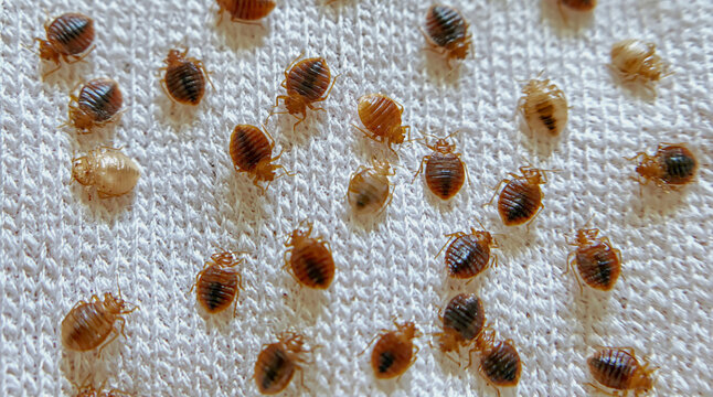  bed bugs on a white fabric, 