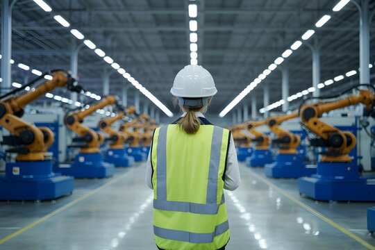 Engineer in safety vest and hardhat standing inside automated smart factory