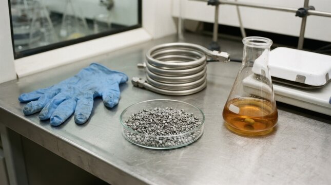 Heterogeneous catalysis concept with nickel catalyst granules, reactor tube, amber liquid flask, and blue nitrile gloves on a steel bench.