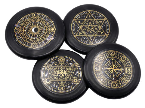 Mystical magic circle flying discs with gold occult symbols, celestial moon astrology, alchemy runes, dragon, and pentagram designs isolated on black background for fantasy games and pagan aesthetics