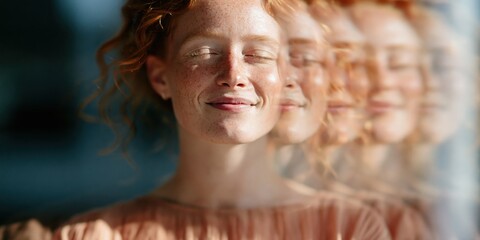 Naklejka na ściany i meble Closeup smiling redhead woman with soft multiple exposure effect for background portrait banner design