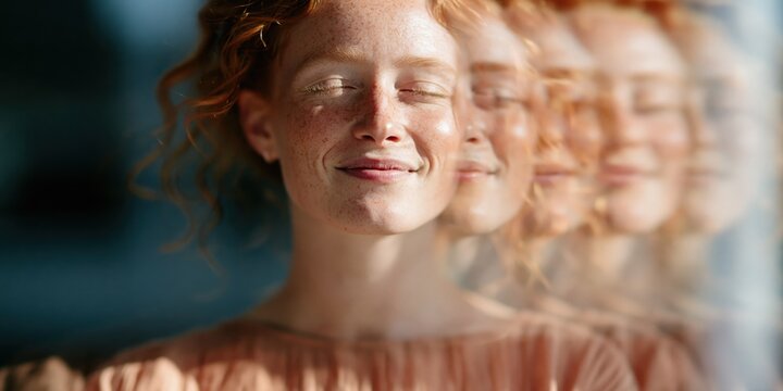 Closeup smiling redhead woman with soft multiple exposure effect for background portrait banner design