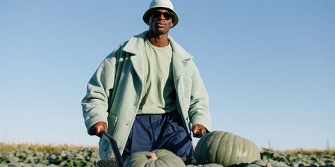 Naklejka premium Stylish man pushing a cart with a large green pumpkin outdoors for autumn harvest banner and seasonal background design