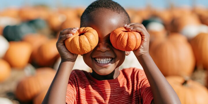Smiling child holding mini pumpkins over eyes in a pumpkin patch for halloween autumn banner and seasonal background