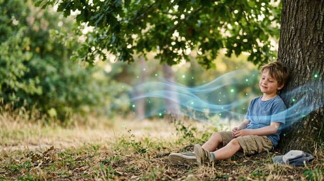 Young boy sitting relaxing under tree in forest with glowing blue energy waves and sparks for nature and peace concept.
