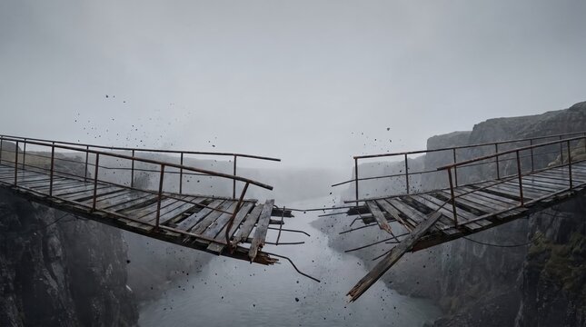 Broken and collapsed wooden suspension bridge over gorge for structural failure and risk hazard concept.