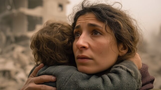 An Israeli woman with a child against the backdrop of a destroyed city. A woman with a frightened look holds a child in her arms among the ruins and dust. suffering in conditions of military conflict.
