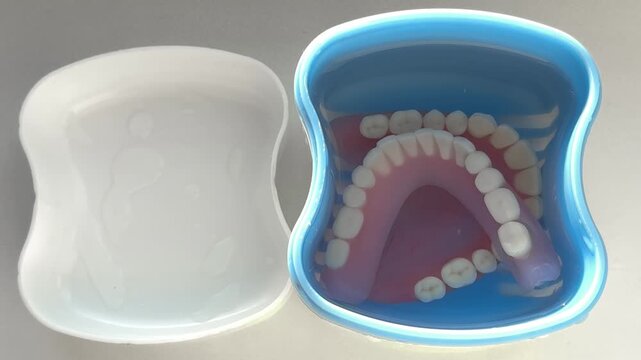 Upper denture resting in a blue plastic cleaning container with water, oral hygiene, dental care.
