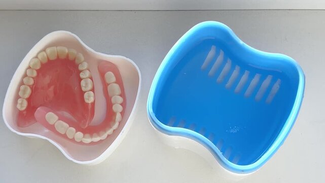 Removable denture sitting inside a plastic cleaning bath container on a windowsill, oral hygiene, dental care.