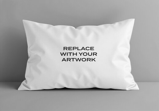 Rectangular pillow mockup with placeholder text on a neutral studio background for graphic design presentation and print display, template artwork placement, product visualization