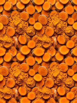 Vertical potrait composition showcasing a vibrant sliced turmeric root and powder pattern and gritty organic texture for health brand social media, cookbook backgrounds, and culinary packaging.