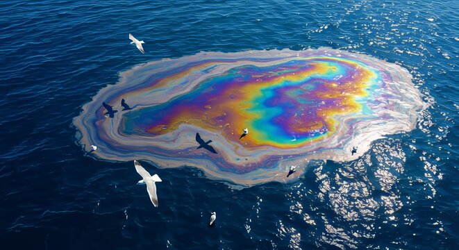 Crude oil slick on ocean surface with iridescent rainbow sheen and drifting seabirds