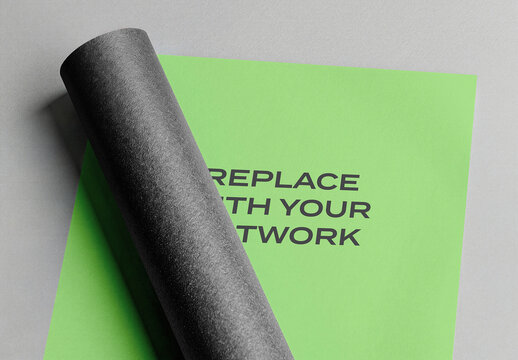 Paper mockup with black rolled on textured wall surface, realistic print presentation template for branding, graphic design, advertising display, editorial stationery art