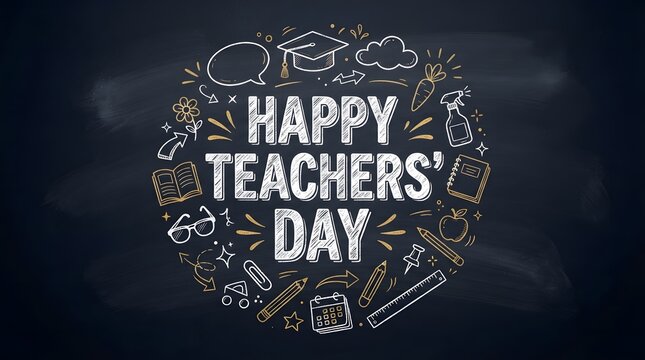 Creative chalkboard background with hand drawn education doodles and the text happy teachers day for school celebration