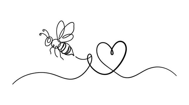Continuous line drawing of bee flying to heart.