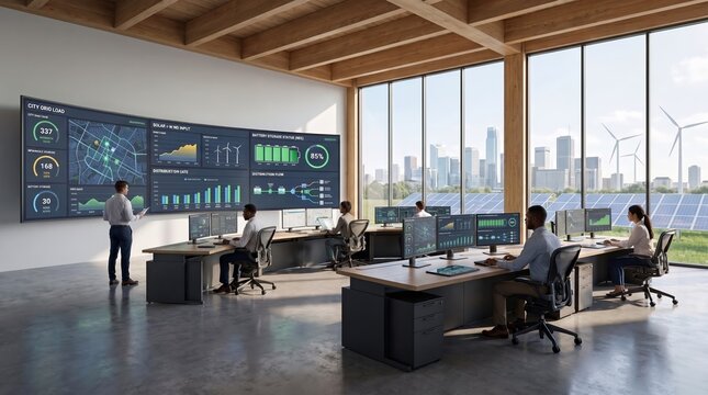 Smart energy control center. A modern renewable energy monitoring center with operators working at computer stations and large video wall displaying energy data