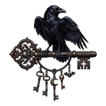 Black raven perched on gothic key with occult symbols and vintage keys for Halloween decor