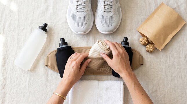 Hands packing a white towel into a beige running belt next to water bottles and sneakers