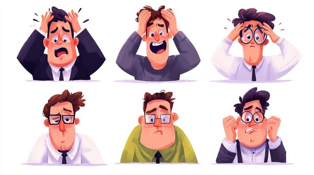 Expressive cartoon men characters showing various negative emotions like stress sadness confusion panic anxiety and frustration in this digital illustration set