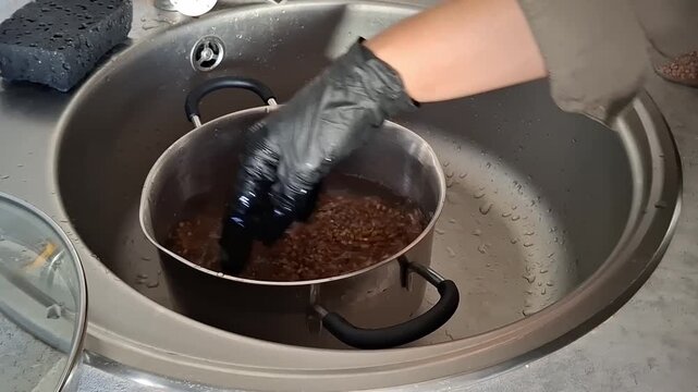 Washing buckwheat in a pot before cooking