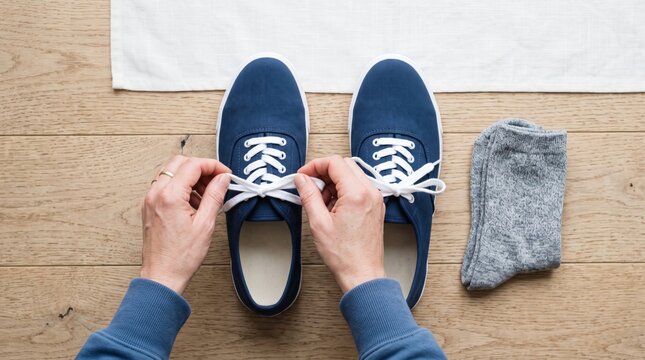 Hands tying the white laces of casual blue canvas shoes next to gray socks
