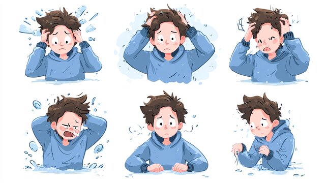 Stressed young boy character in blue hoodie expressing various emotions and feelings with hand gestures isolated on white background art