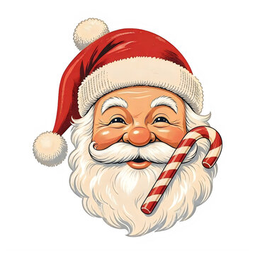 Happy santa claus head smiling and holding a red and white striped candy cane