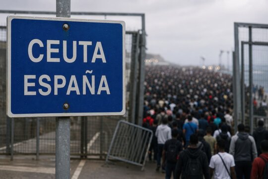 Ceuta Spain border sign with large blurred crowd symbolizing migration pressure