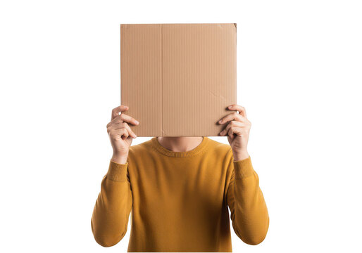 Person holding a blank cardboard sign in front of their face isolated on transparent background