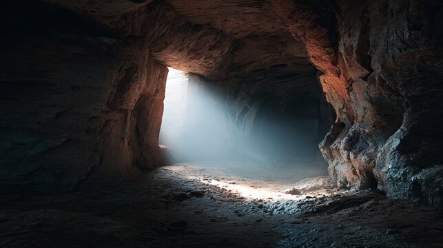 Dark cavern interior features dramatic natural lighting streaming through a narrow opening highlighting rough rocky walls and textured dusty floors