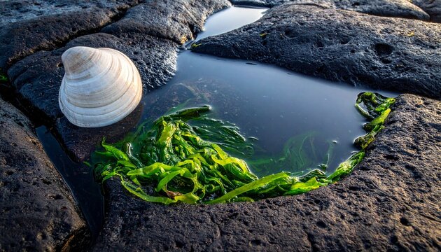 White seashell and green sea lettuce seaweed in a tide pool on dark volcanic rock
